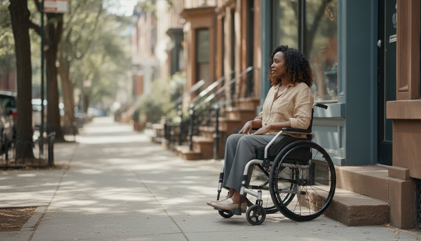 A New York City storefront entrance with a step and no ramp, illustrating a business discriminating against disabled customers in NYC