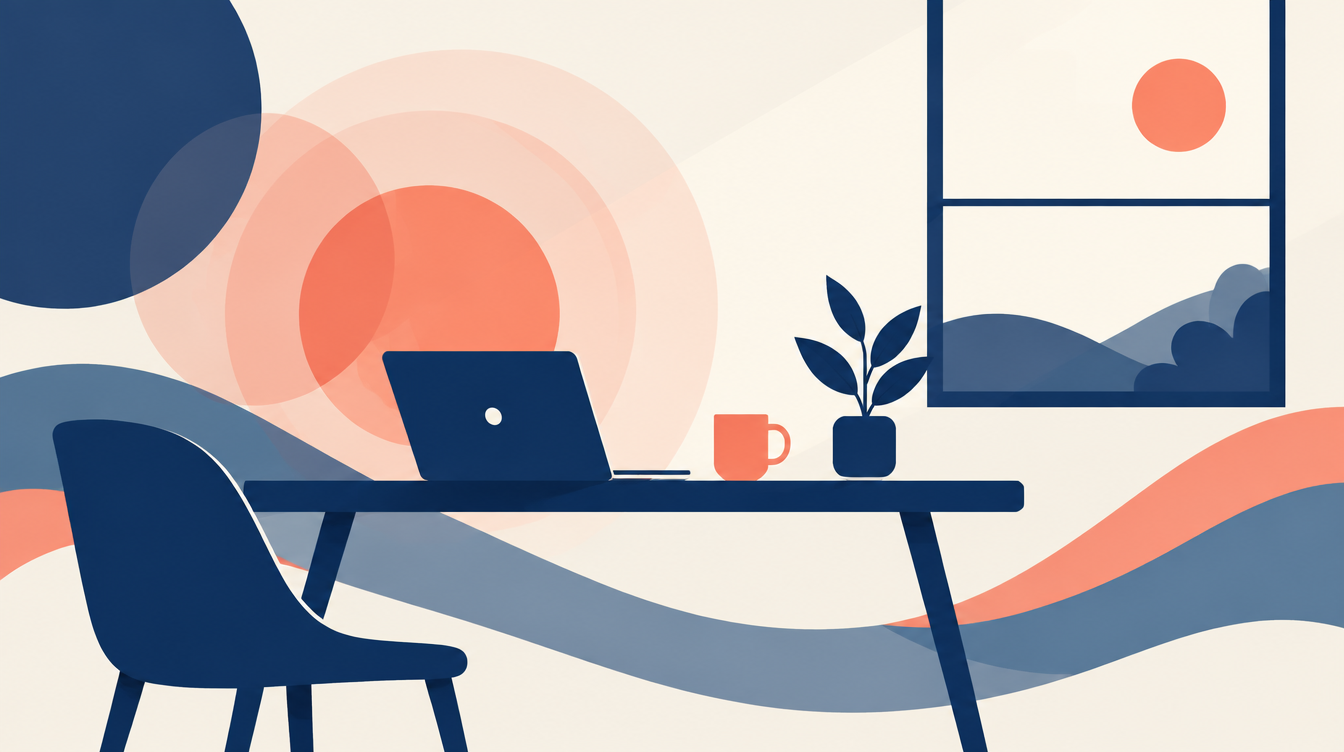 Flat editorial illustration of a calm desk with a laptop, mug and plant beside a window, with soft coral circles radiating outward, in navy, coral and cream.