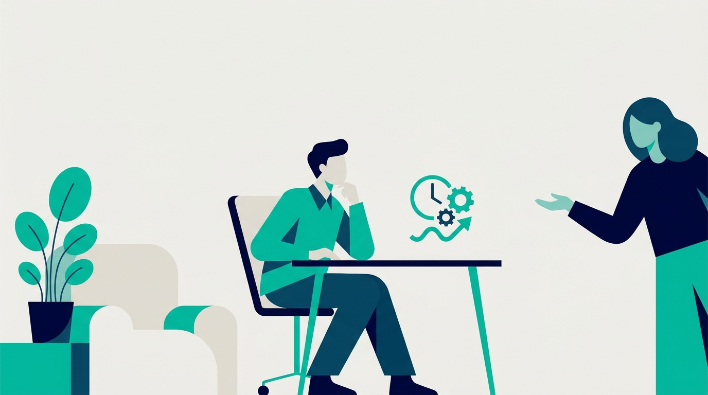 Flat illustration of an employee at a supportive New York workplace desk with reasonable-accommodation motifs including a flexible-schedule clock and a quiet work corner