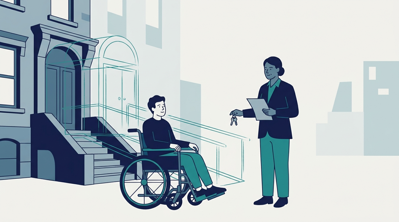 Flat illustration of a wheelchair-using tenant and a landlord outside a New York City apartment building, with a proposed ramp and widened doorway modification