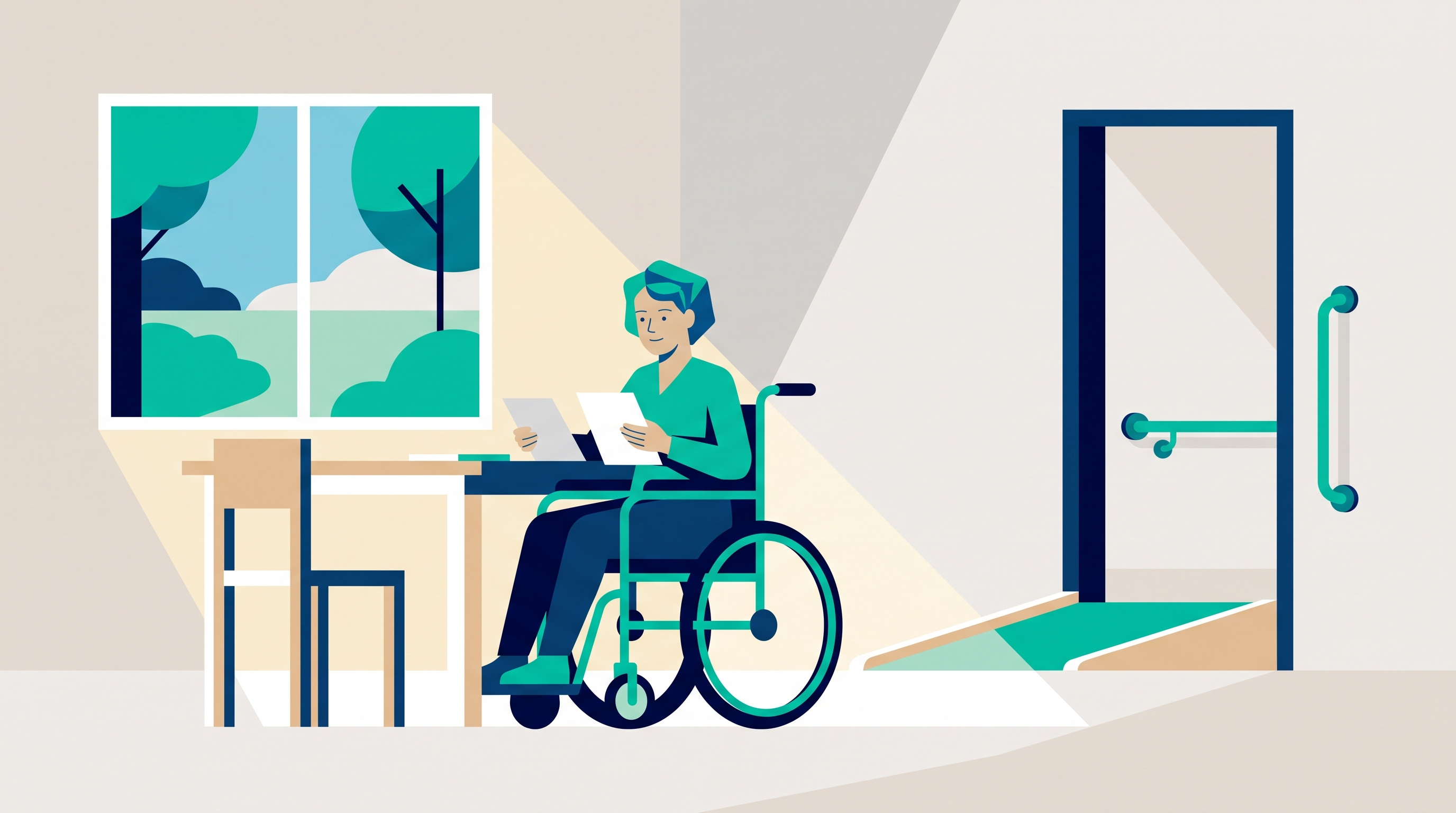 Flat vector illustration of a tenant in a wheelchair reviewing a reasonable modification request at a kitchen table, with a wheelchair ramp and grab bars visible near the doorway