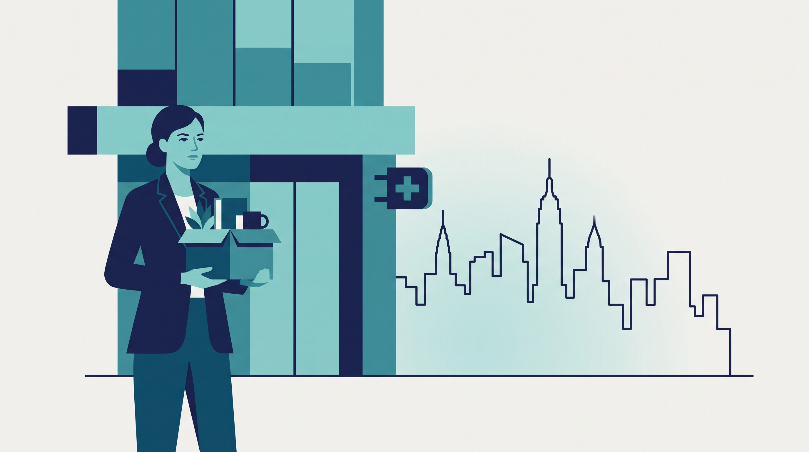 Woman leaving her office holding a box of belongings after losing her job due to a medical condition, New York City skyline in the background