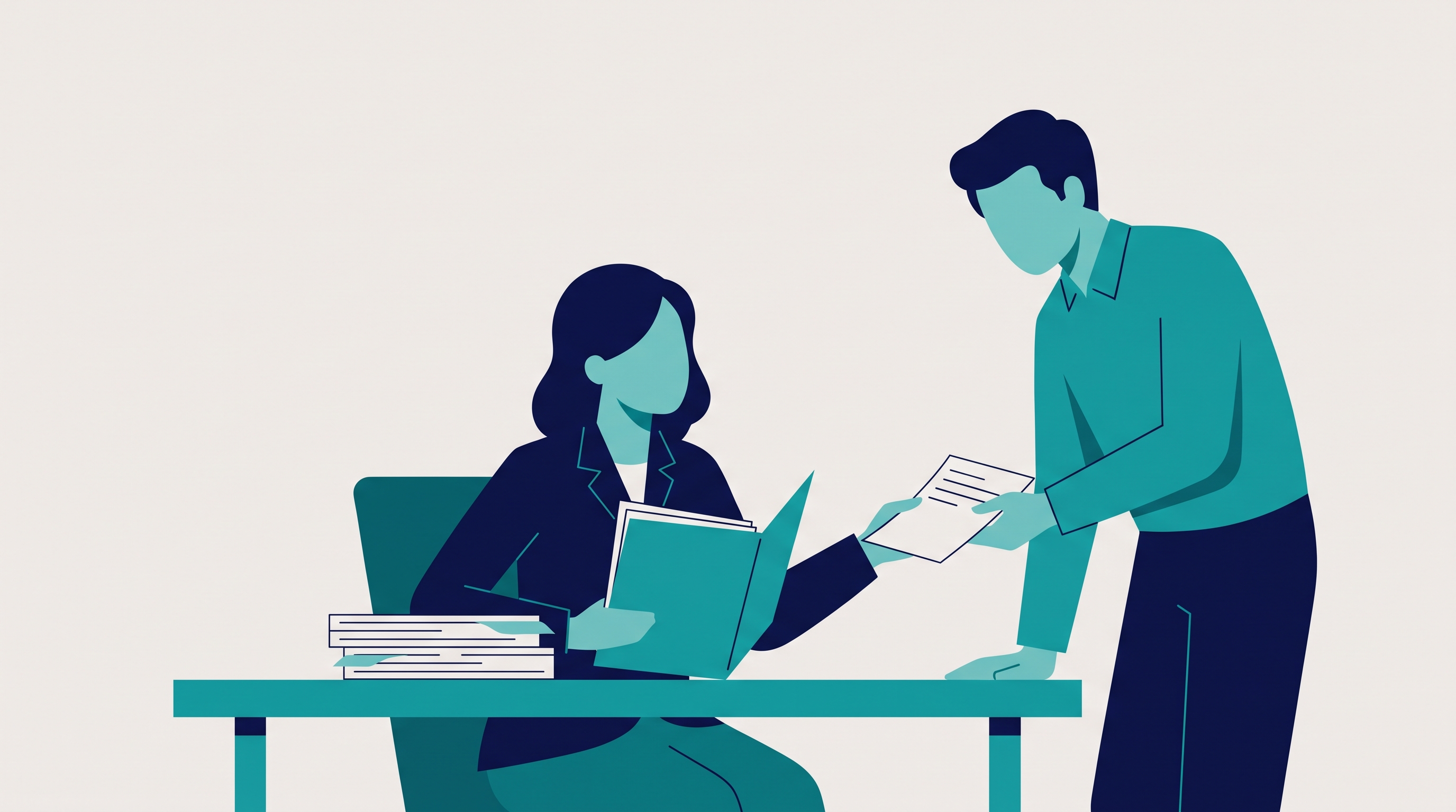 Illustration of an employee handing paperwork to a colleague across a desk, representing filing a medical discrimination claim at work in New York City