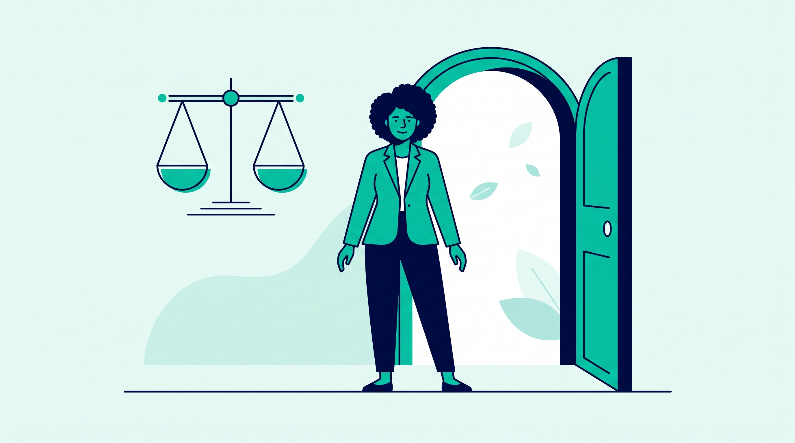 Flat vector illustration of a professional standing confidently beside a balanced scale of justice and an open door, symbolizing fair treatment for mental health discrimination in the workplace