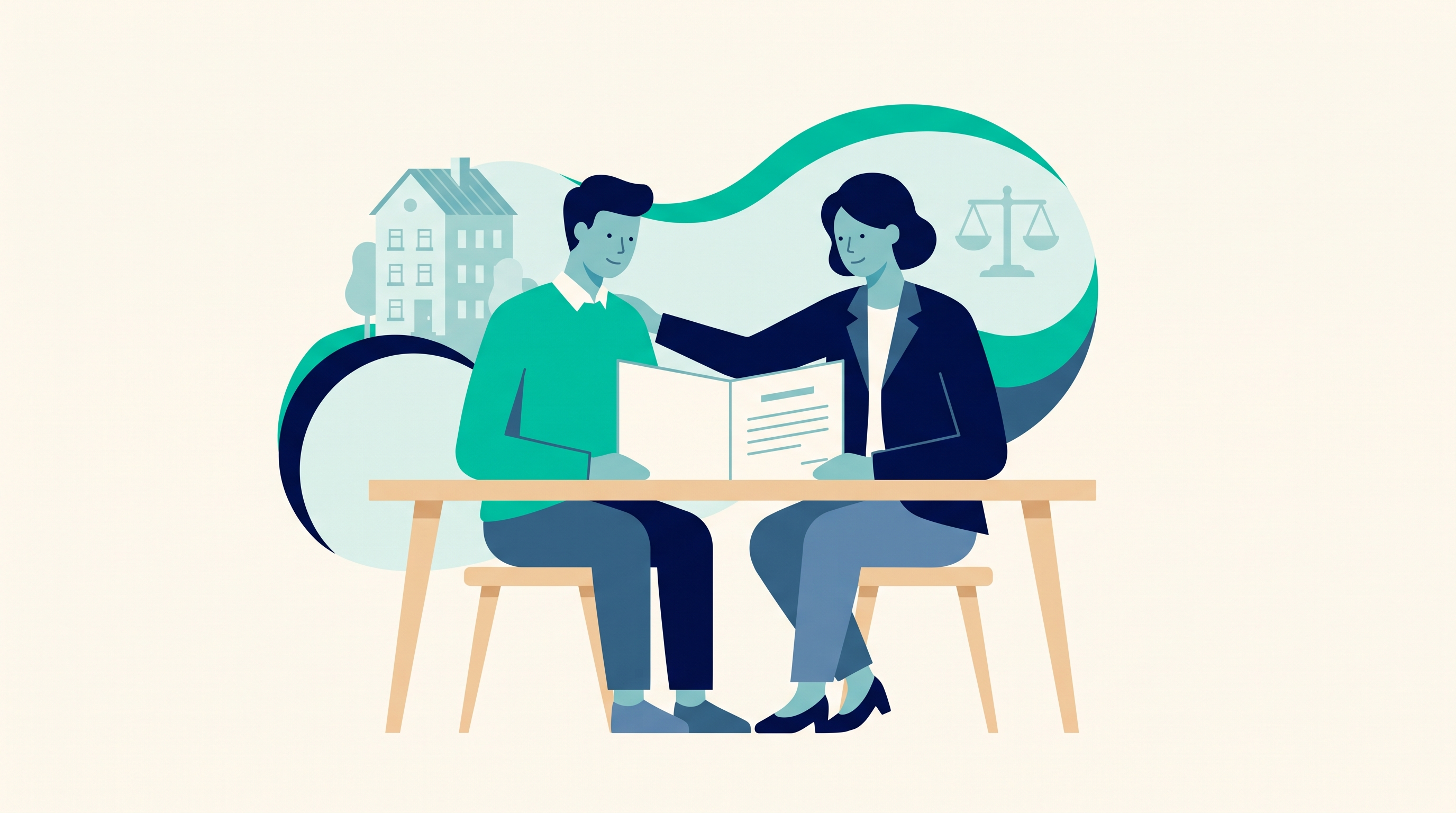 Flat vector illustration of a tenant and a housing rights advocate reviewing a lease document at a table, with a home and scales of justice in the background