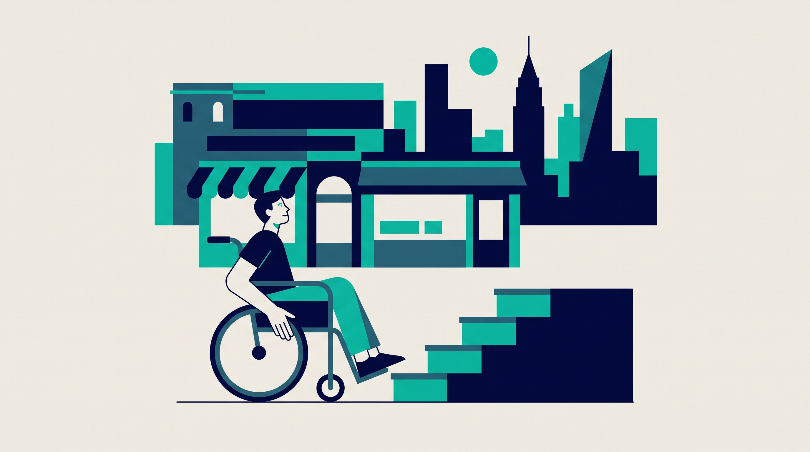 Flat vector illustration of a wheelchair user pausing at a staircase barrier outside a New York City storefront, with the city skyline behind