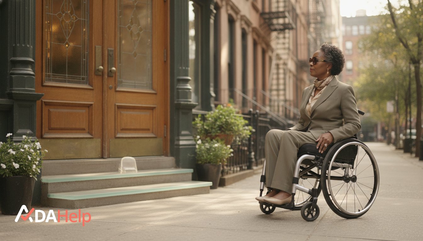 Person in a wheelchair facing an inaccessible entrance in New York City