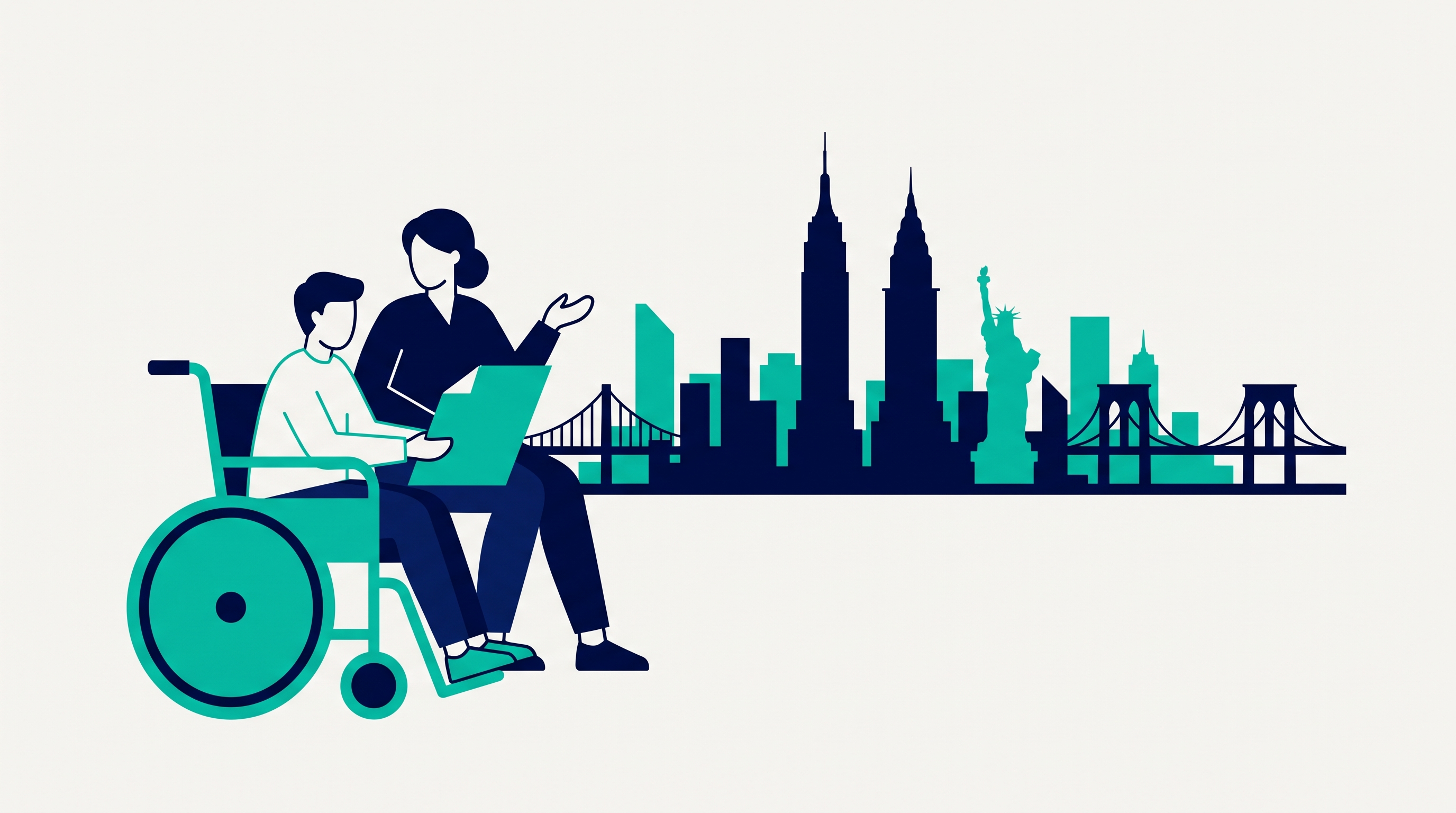 Illustration of a wheelchair user and legal advocate reviewing paperwork with the New York City skyline behind them