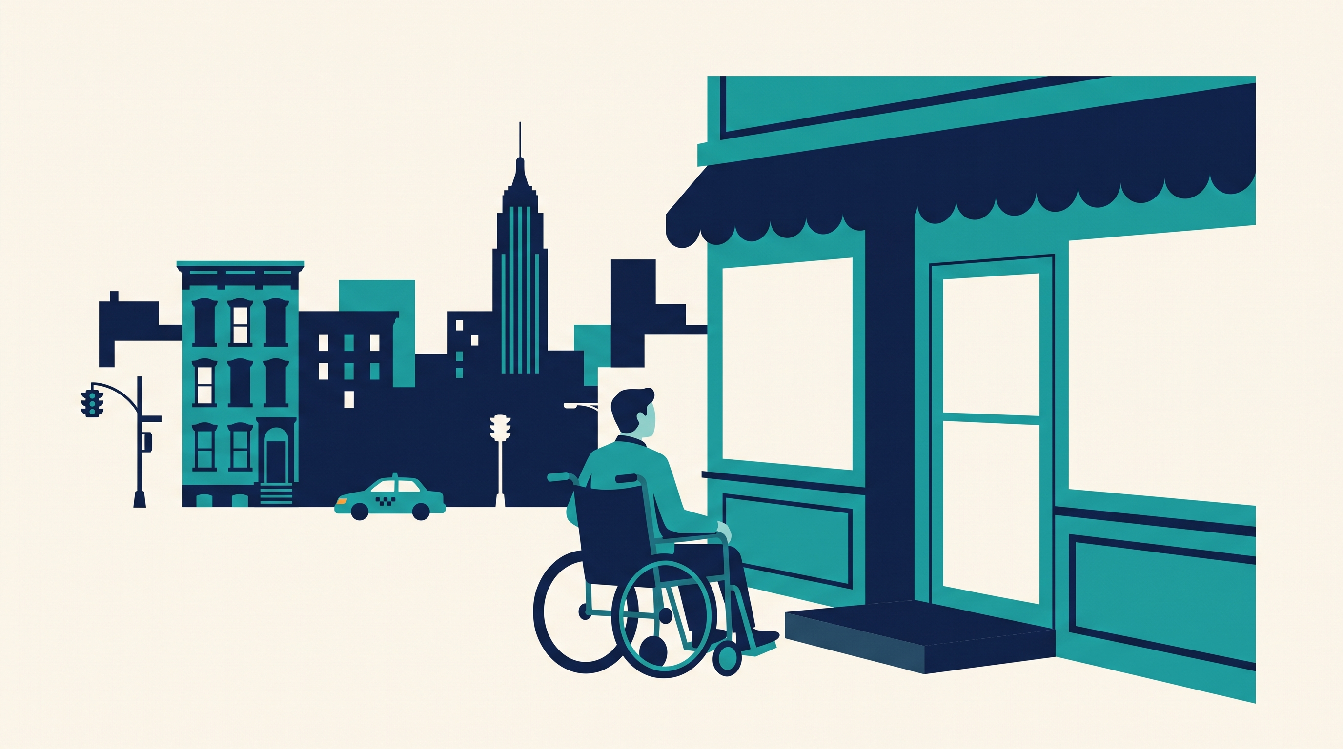Illustration of a wheelchair user facing a step at a New York City storefront entrance