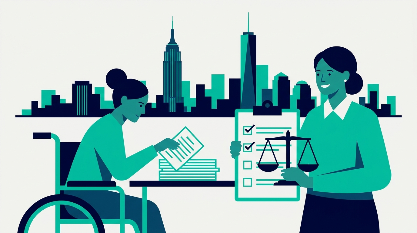 Flat vector illustration of a wheelchair user reviewing documents with an advisor holding a checklist and scales of justice, NYC skyline in the background, representing NY ADA claim assistance