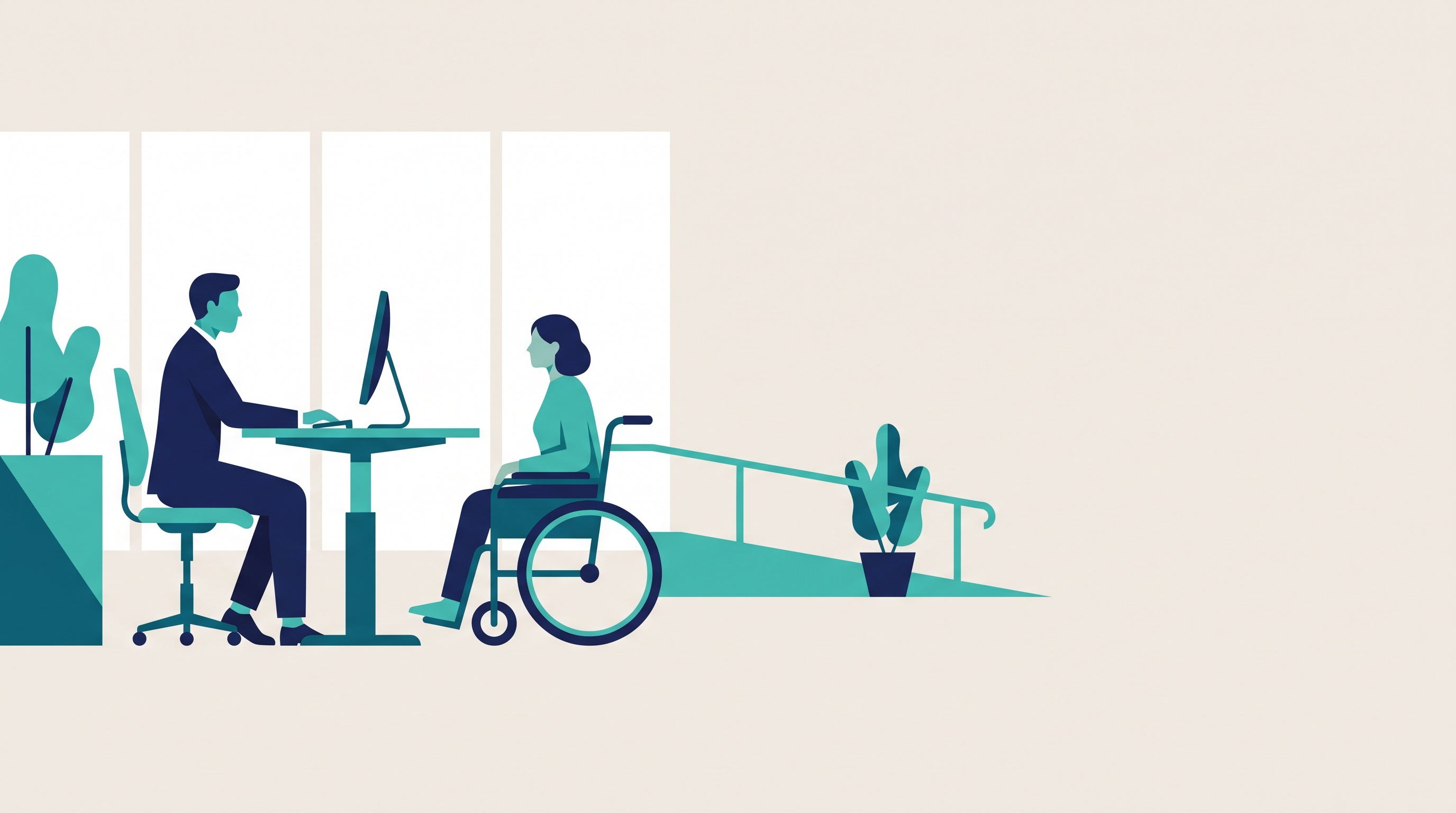 Flat vector illustration of an employer and an employee using a wheelchair having a respectful conversation at a desk, with an accessible ramp in the background