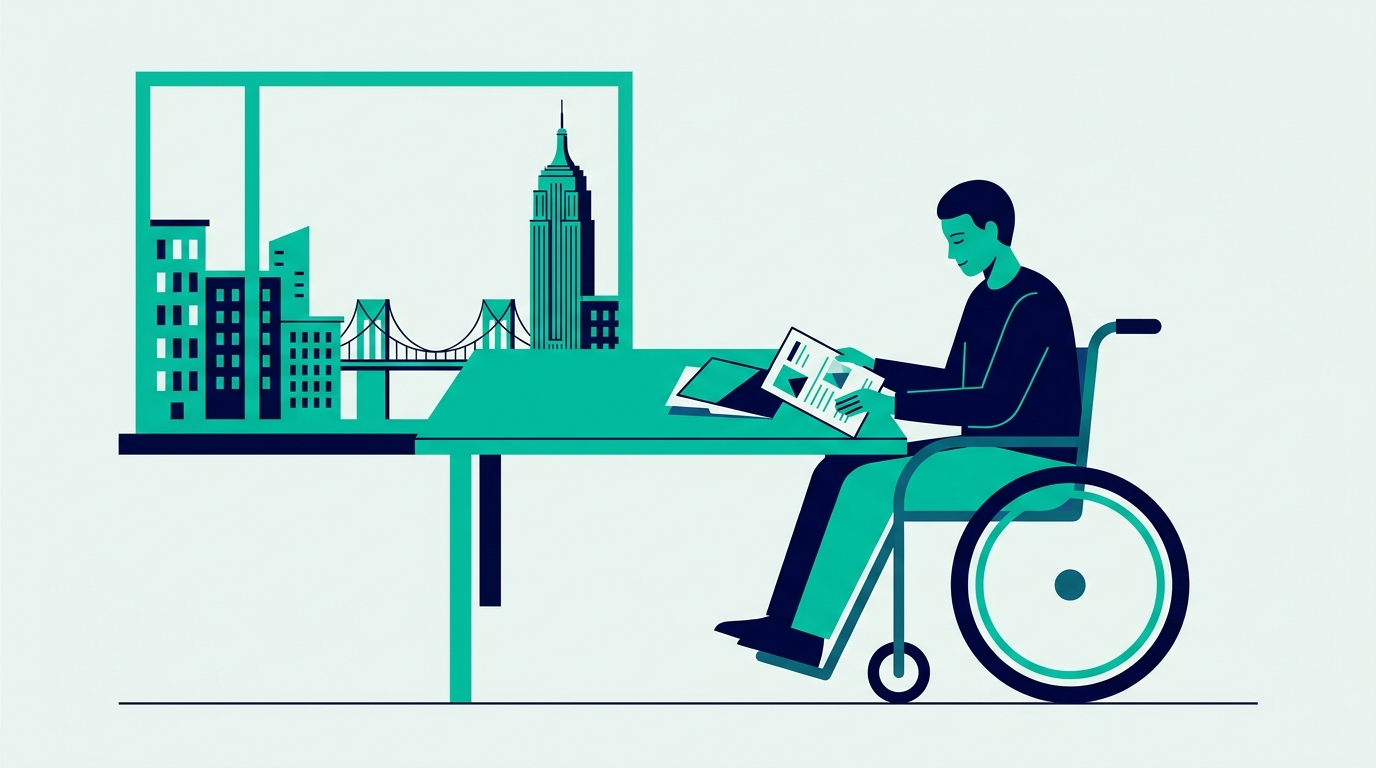 Flat vector illustration of a New York tenant using a wheelchair reviewing housing rights paperwork at a table with the city skyline in the background