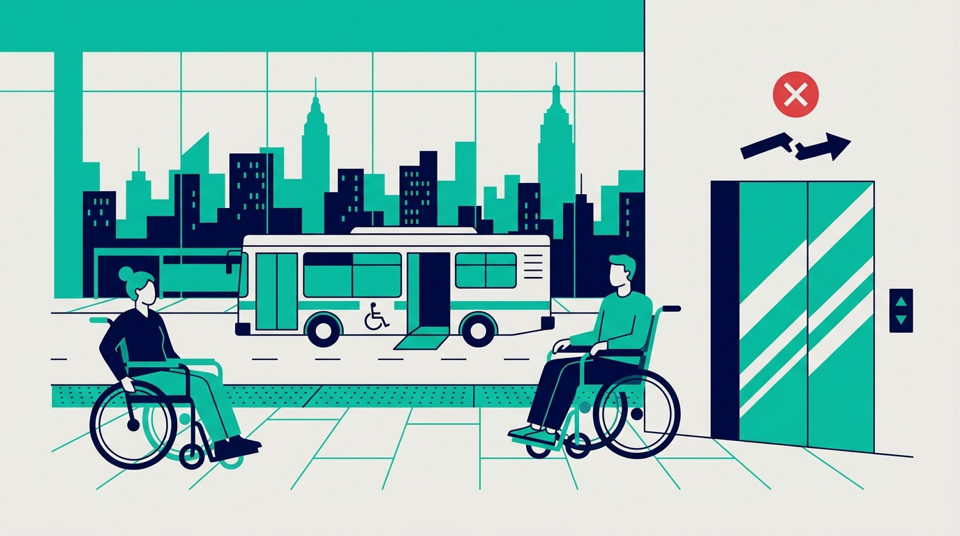 Illustration of a wheelchair user waiting beside an out-of-service NYC subway elevator with an accessible bus nearby