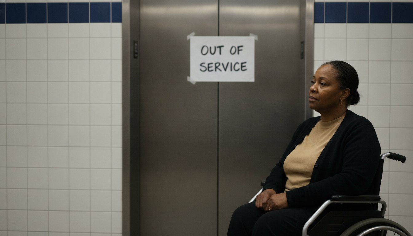 Wheelchair user waiting for an accessible NYC subway elevator and bus