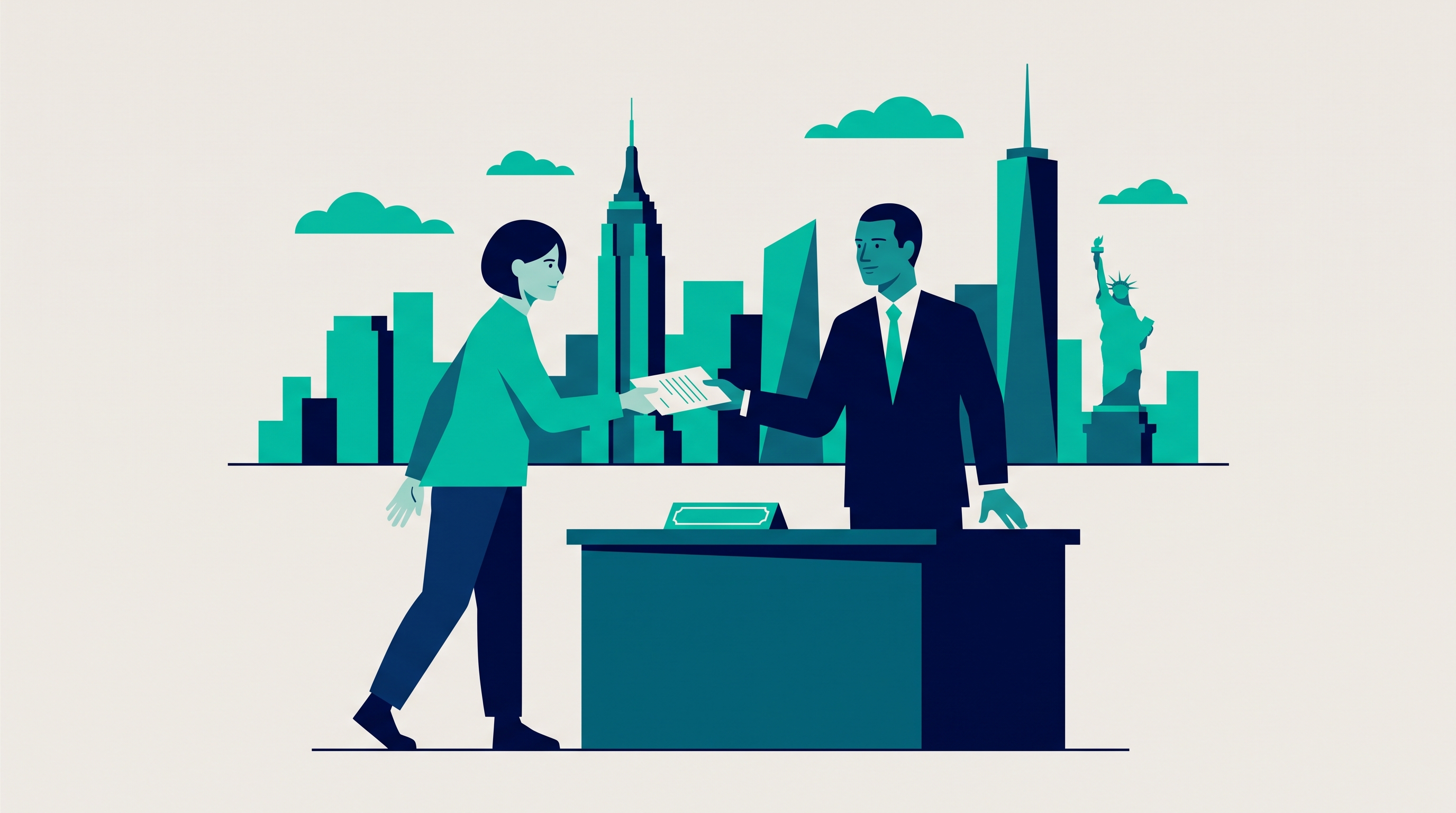 Illustration of a person filing a formal complaint document with a city official, New York City skyline behind them