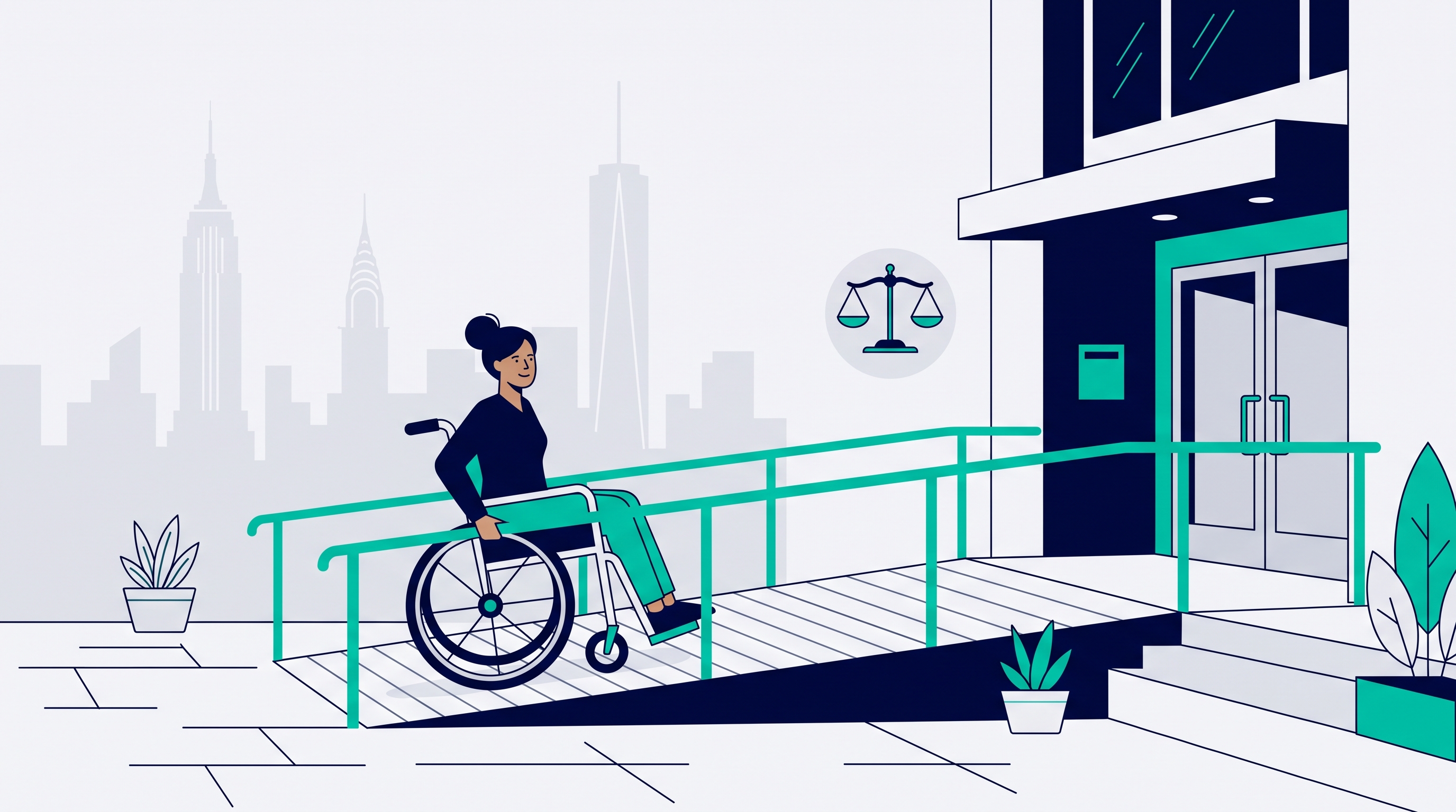 Illustration of a wheelchair user approaching an accessible building entrance in New York City, symbolizing a disability discrimination claim