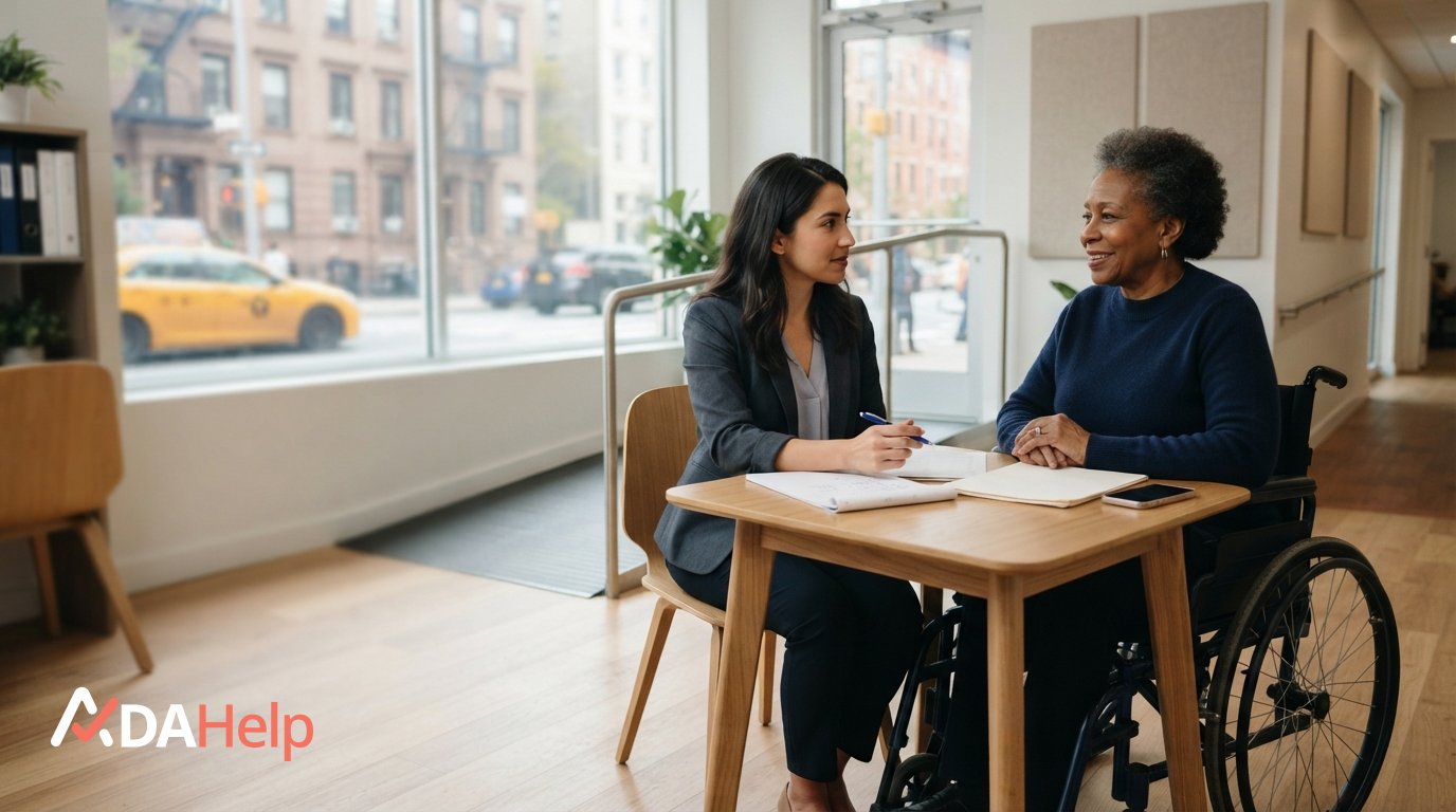 New Yorker meeting with a case manager to discuss a disability discrimination claim
