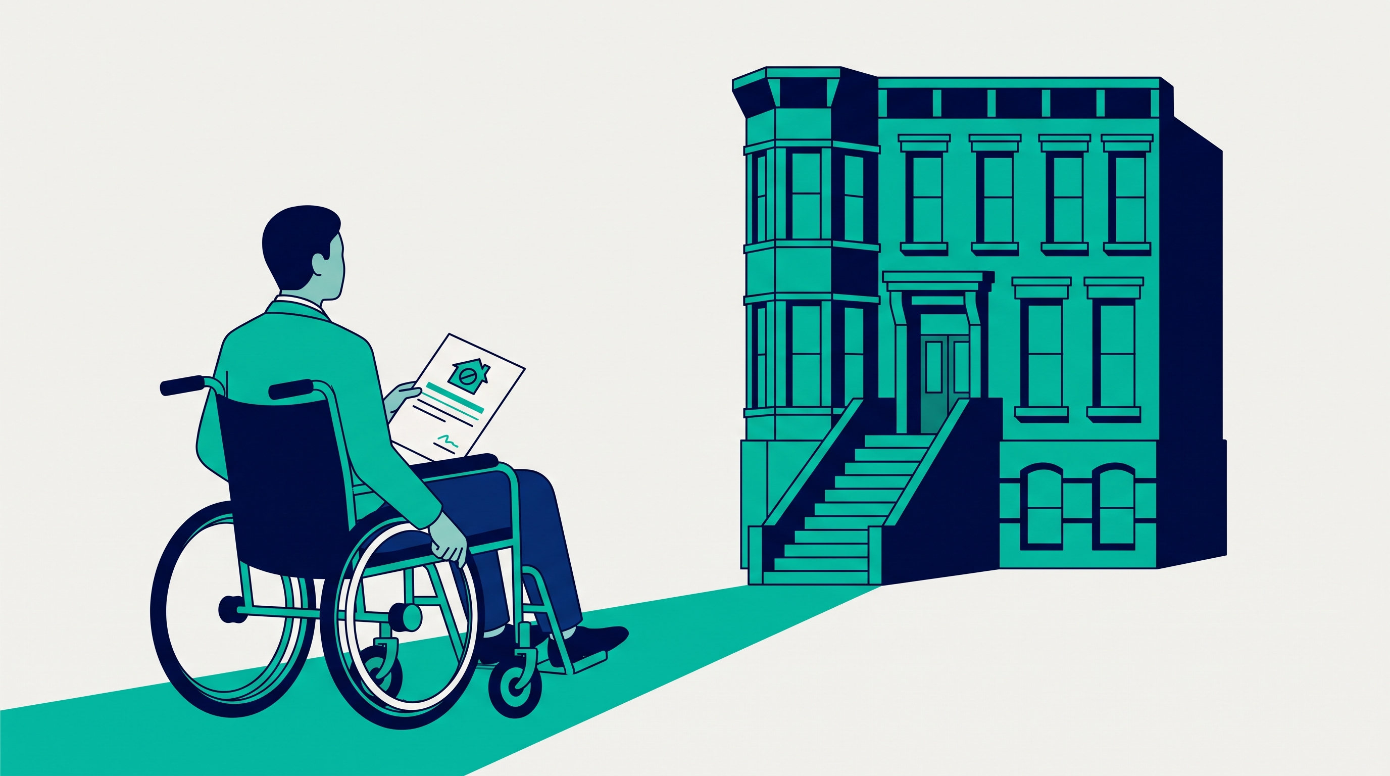 Illustration of a wheelchair user facing an inaccessible New York City apartment building with a housing discrimination complaint document