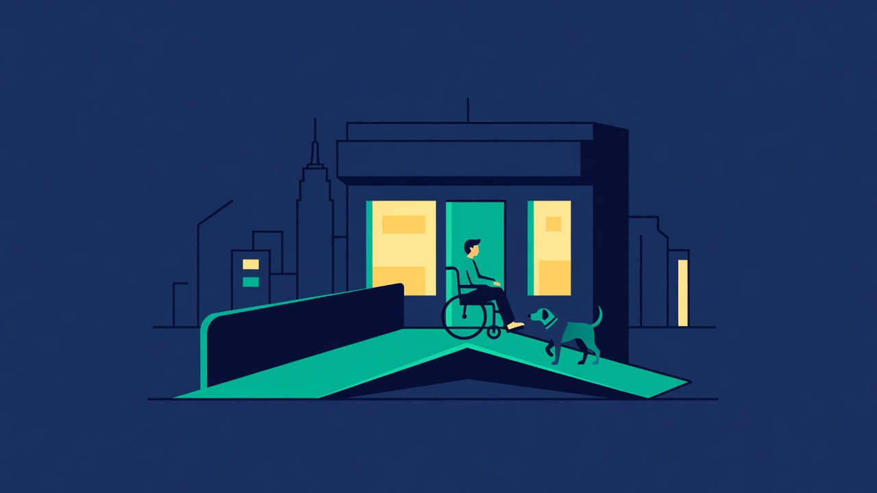 Flat illustration: an accessible New York City storefront with a wheelchair ramp and a person with a service dog entering