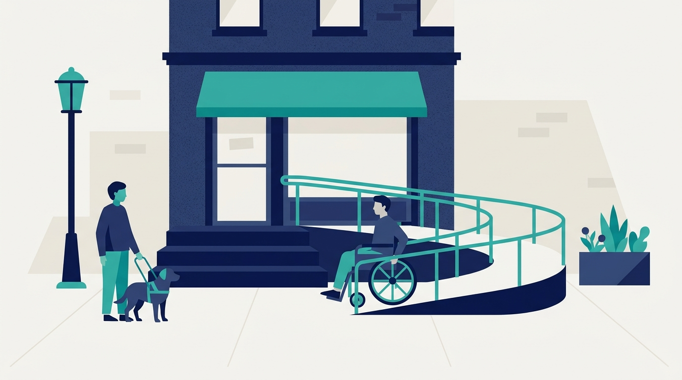 Flat illustration of a New York City storefront with steps at the door and an accessible ramp beside it, a person using a wheelchair on the ramp and a person with a guide dog on the sidewalk