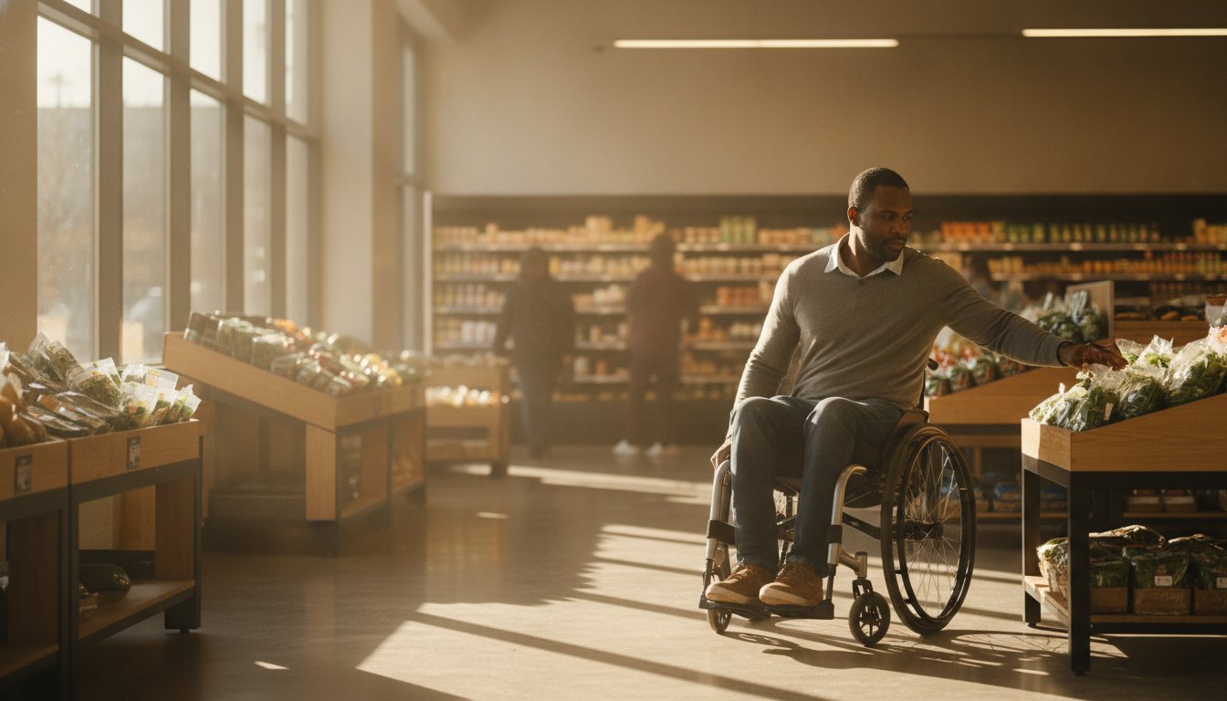 A shopper using a wheelchair facing a step at the entrance of a New York City business