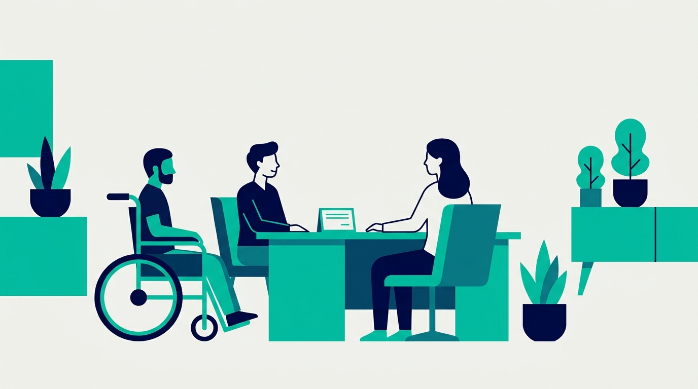 Flat vector illustration of an employee using a wheelchair in a respectful workplace accommodation discussion with two colleagues at a desk