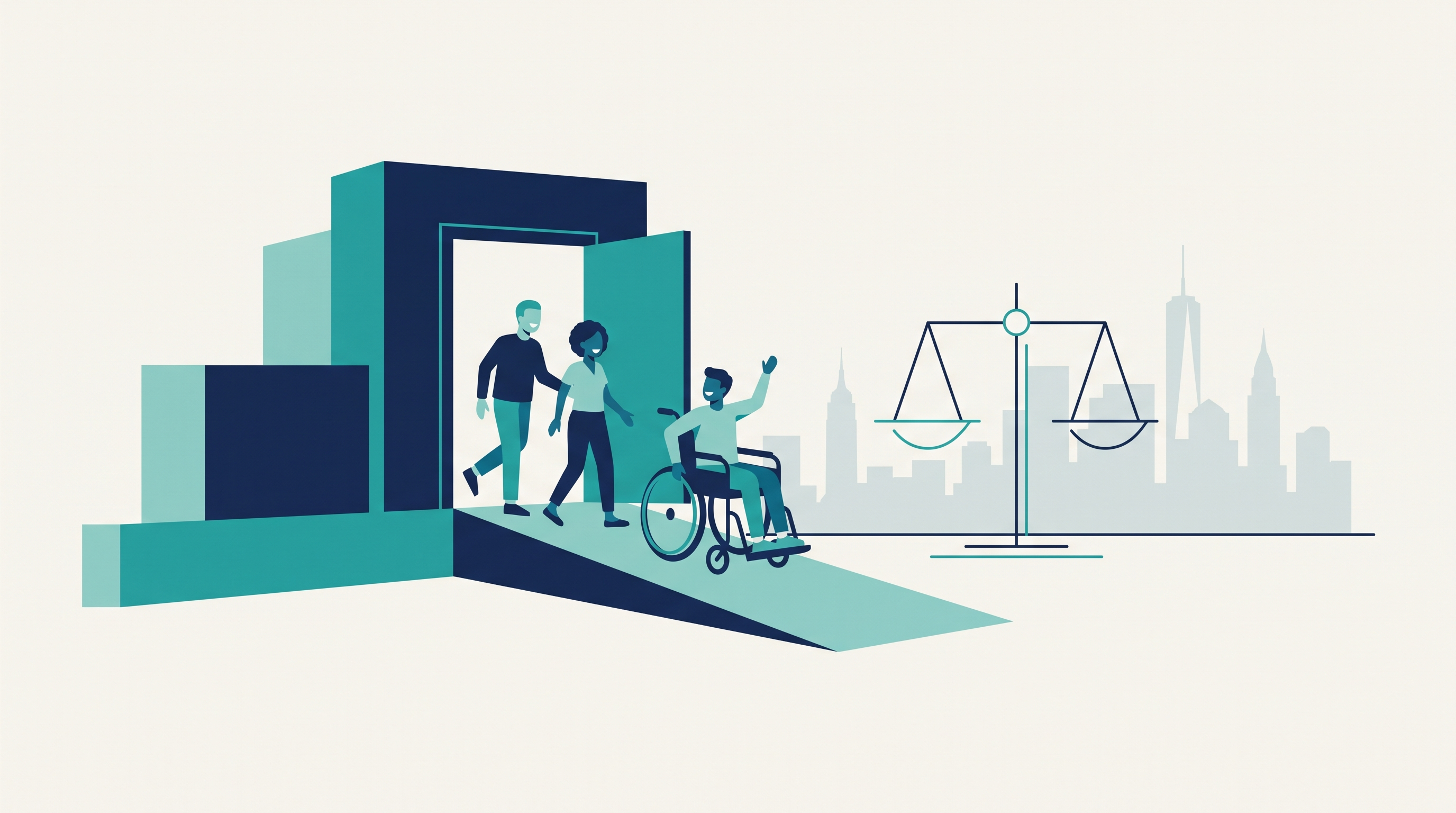Flat vector illustration of a diner using a wheelchair to enter a New York City restaurant via an accessible ramp, with a scale of justice and city skyline in the background