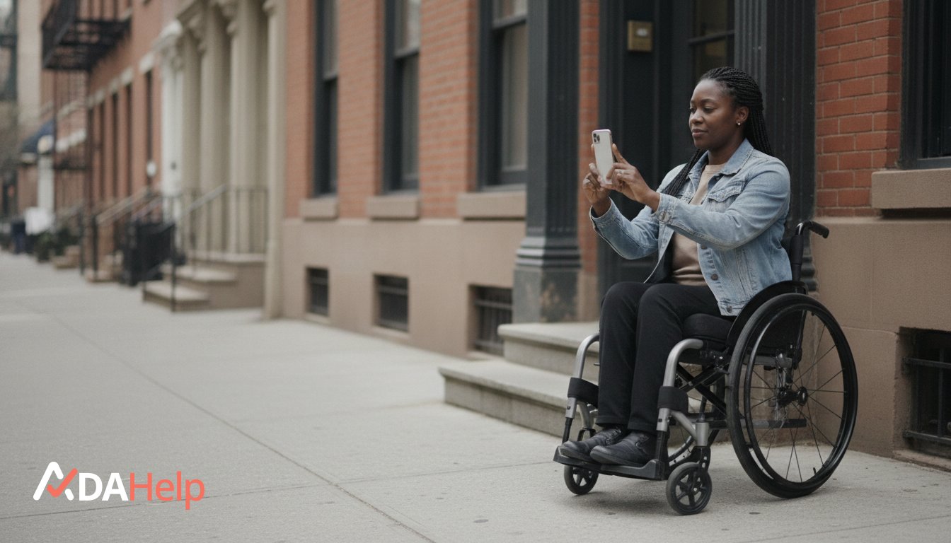 Diner using a wheelchair ramp to enter a New York City restaurant