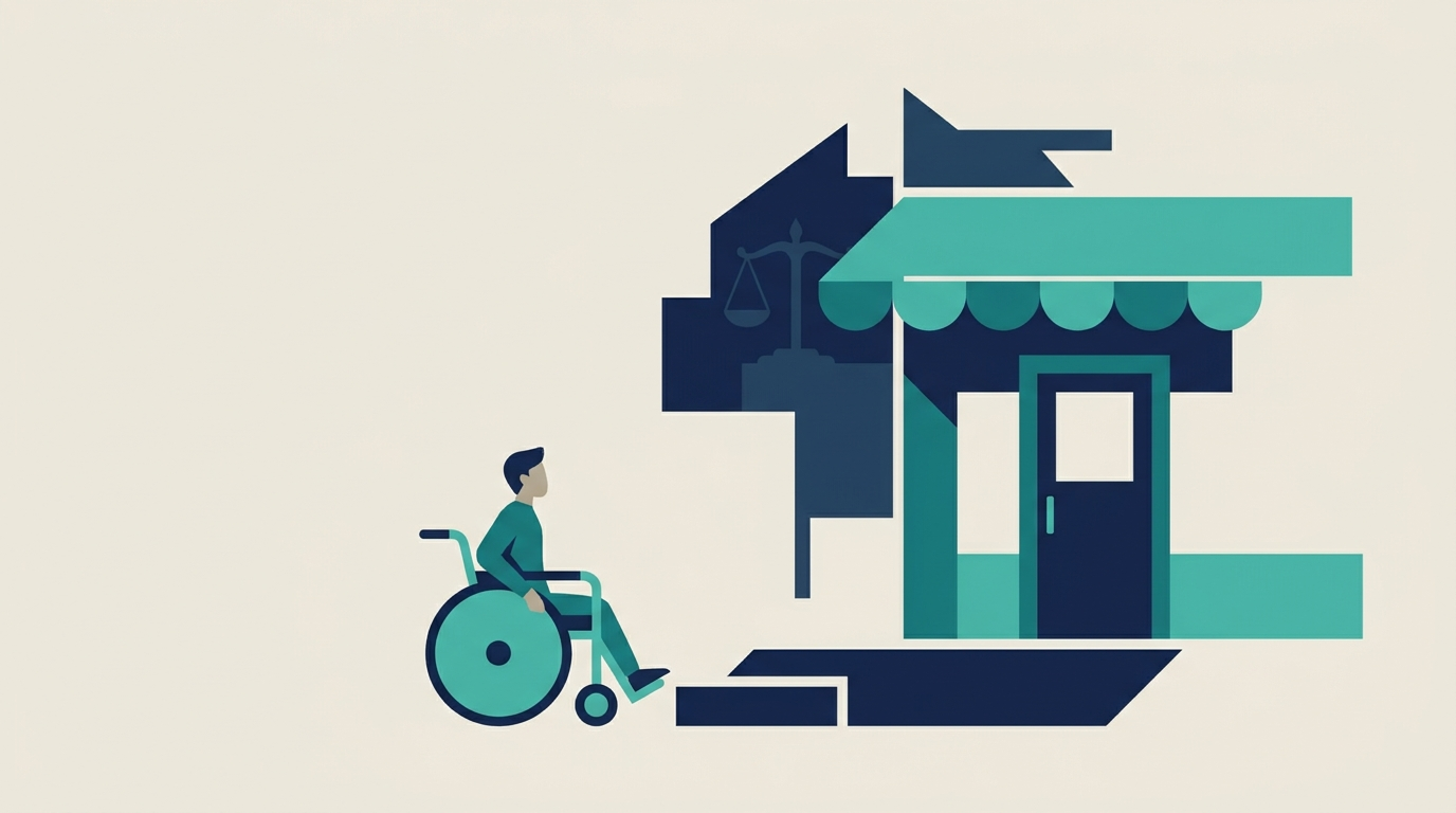 Illustration of a person in a wheelchair blocked by a step outside a restaurant entrance