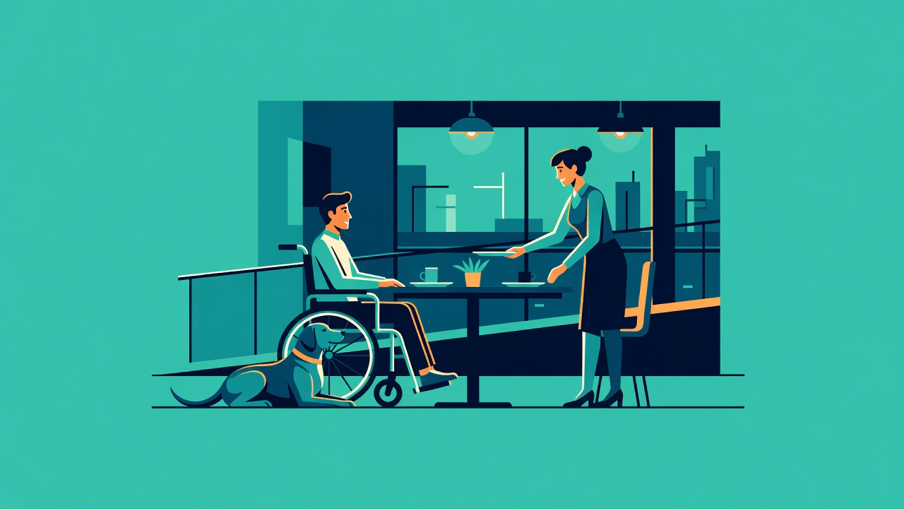 Flat illustration: a wheelchair user dining at an accessible New York City restaurant with a service dog resting nearby while a server brings a plate