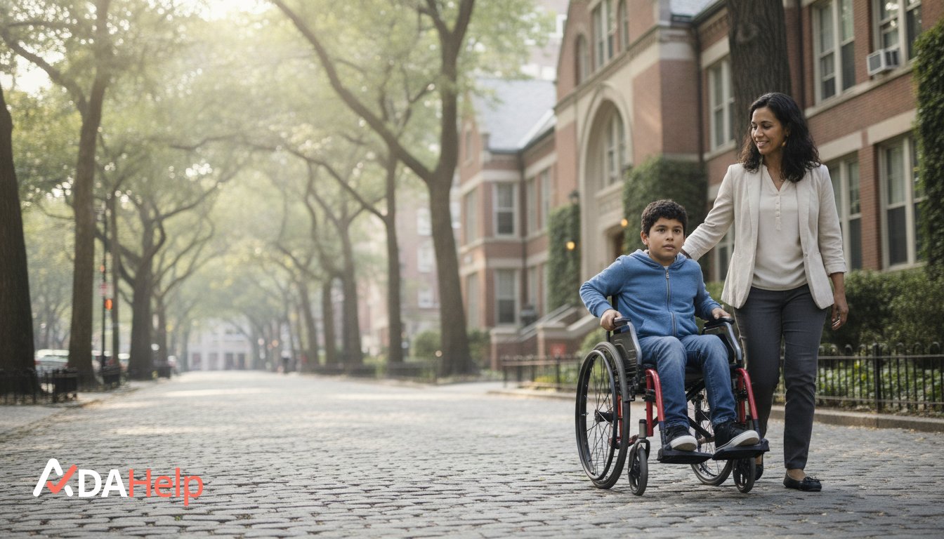 Parent and child outside a New York school building discussing accessibility