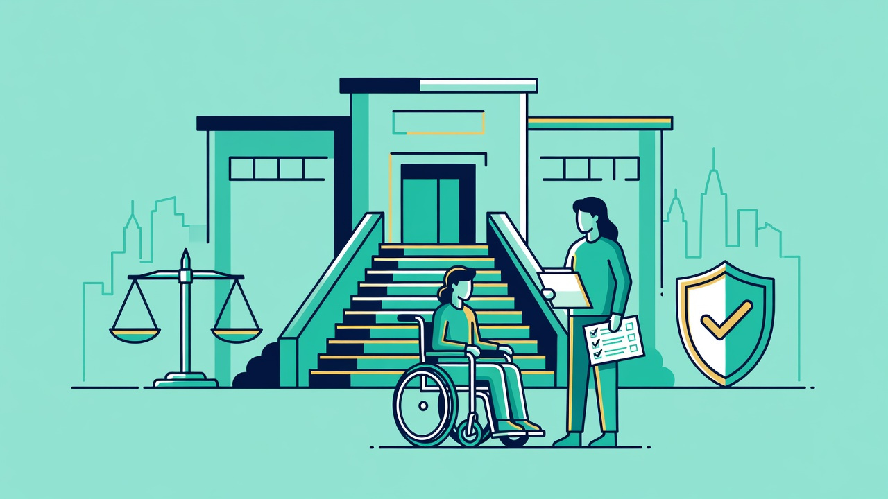 Flat illustration of a student using a wheelchair and a supportive parent with a checklist facing a stepped New York school entrance, with scales of justice and a rights-protection shield symbolizing student civil rights.