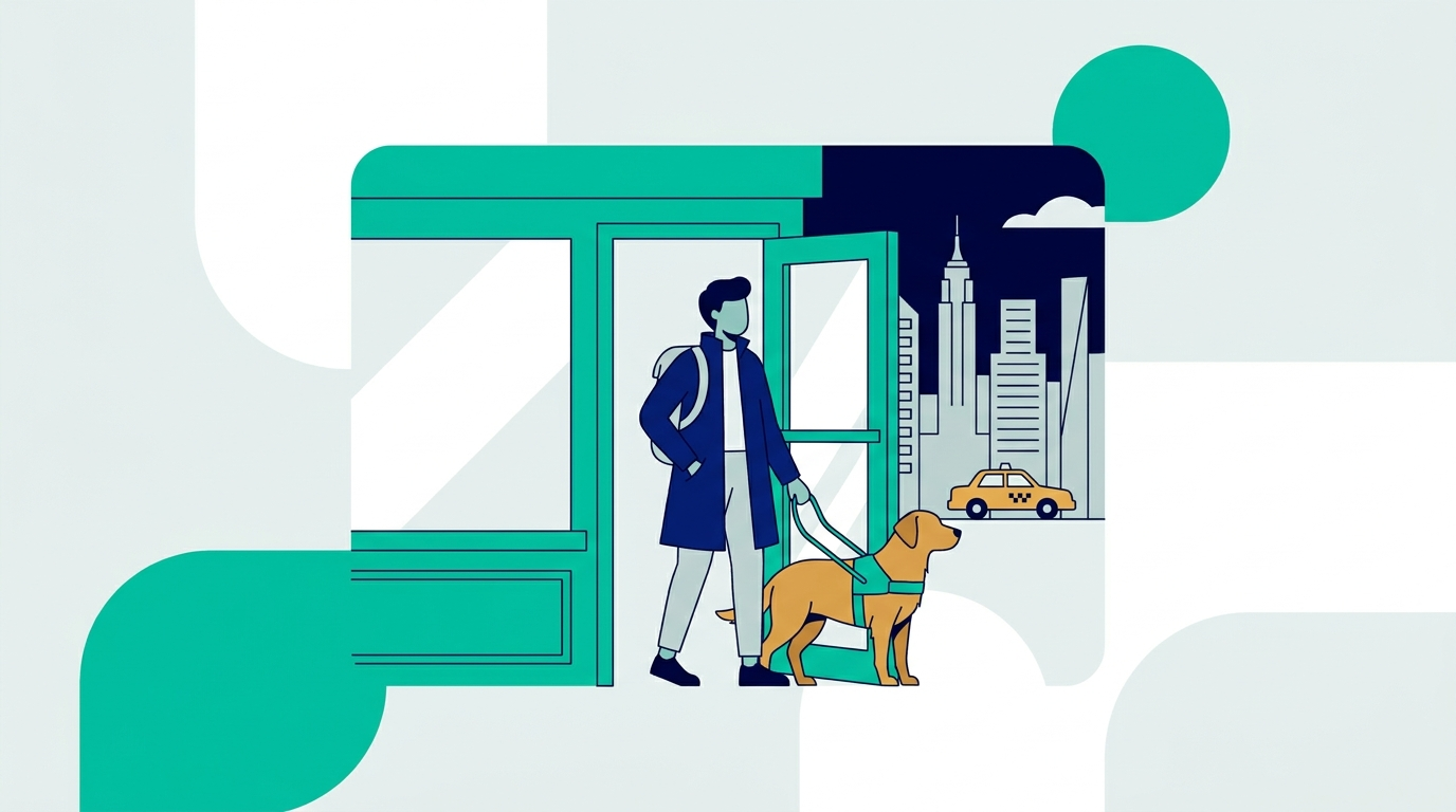 Flat vector illustration of a person with a guide dog entering a New York City storefront, symbolizing equal access rights for service animal handlers
