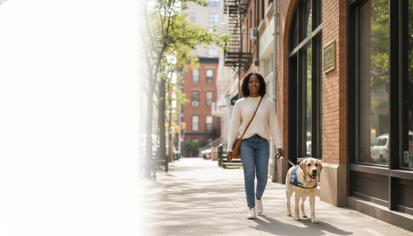 A New Yorker with a service dog denied entry to a store, illustrating service animal discrimination in NYC