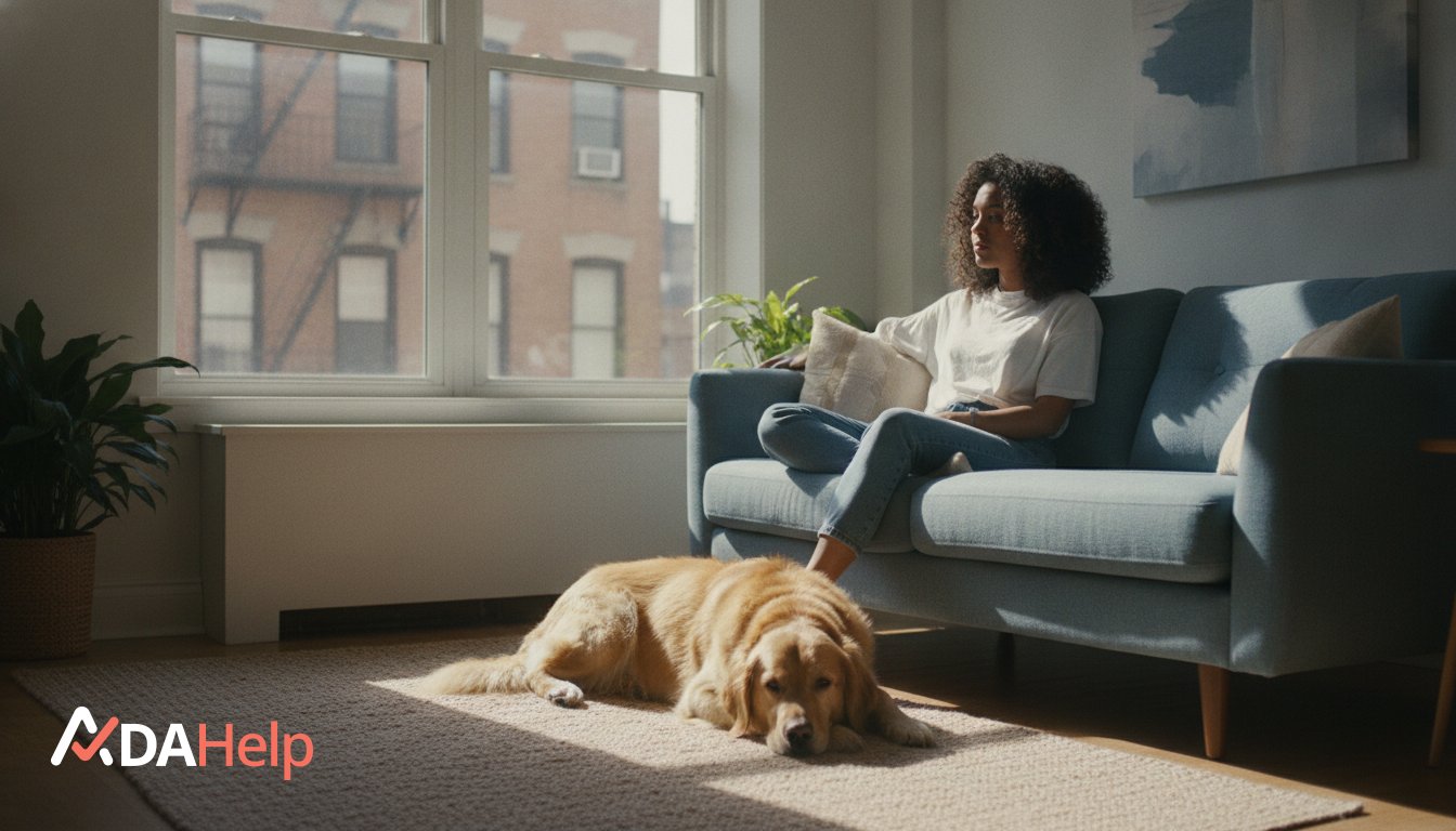Tenant and service dog reviewing a reasonable accommodation letter in an NYC apartment building