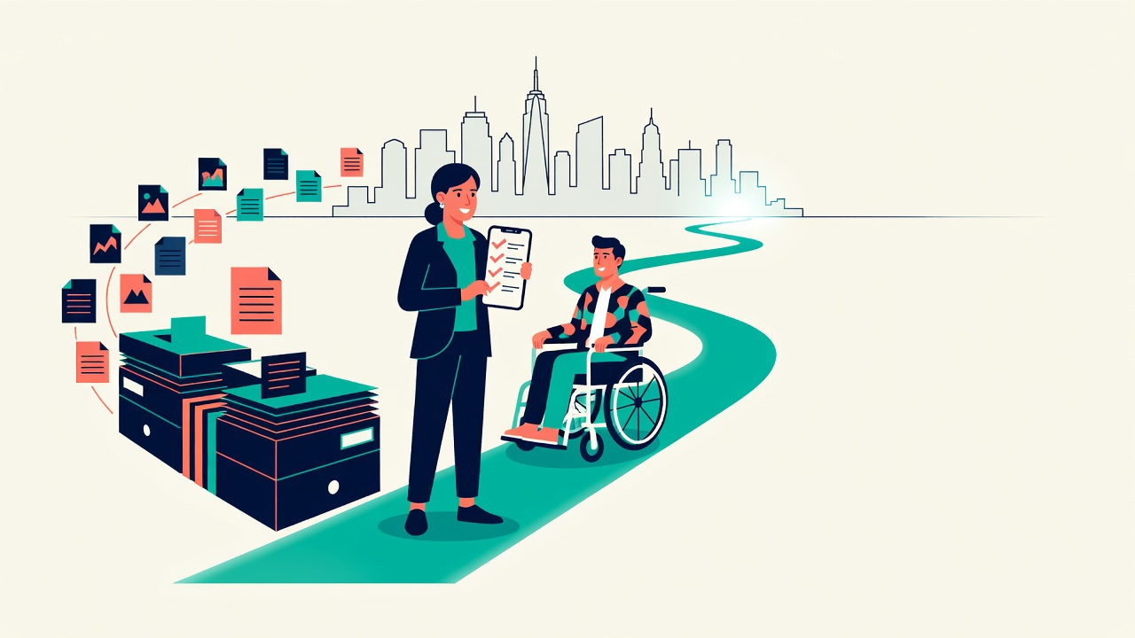 Flat illustration of a case manager organizing evidence and guiding a New Yorker in a wheelchair along a path toward a resolution, with the NYC skyline