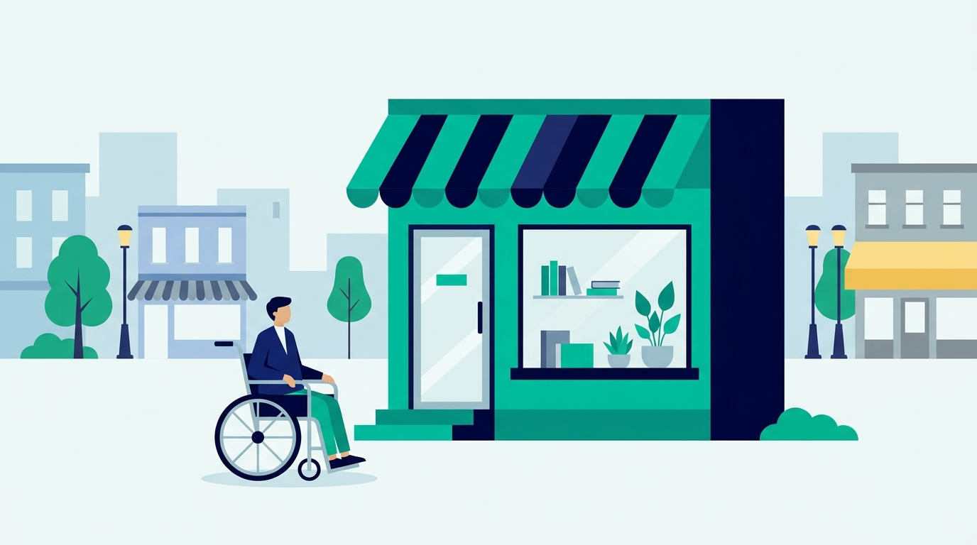 Ilustración de un cliente en silla de ruedas frente a un negocio de Nueva York con un escalón de entrada y sin rampa de acceso