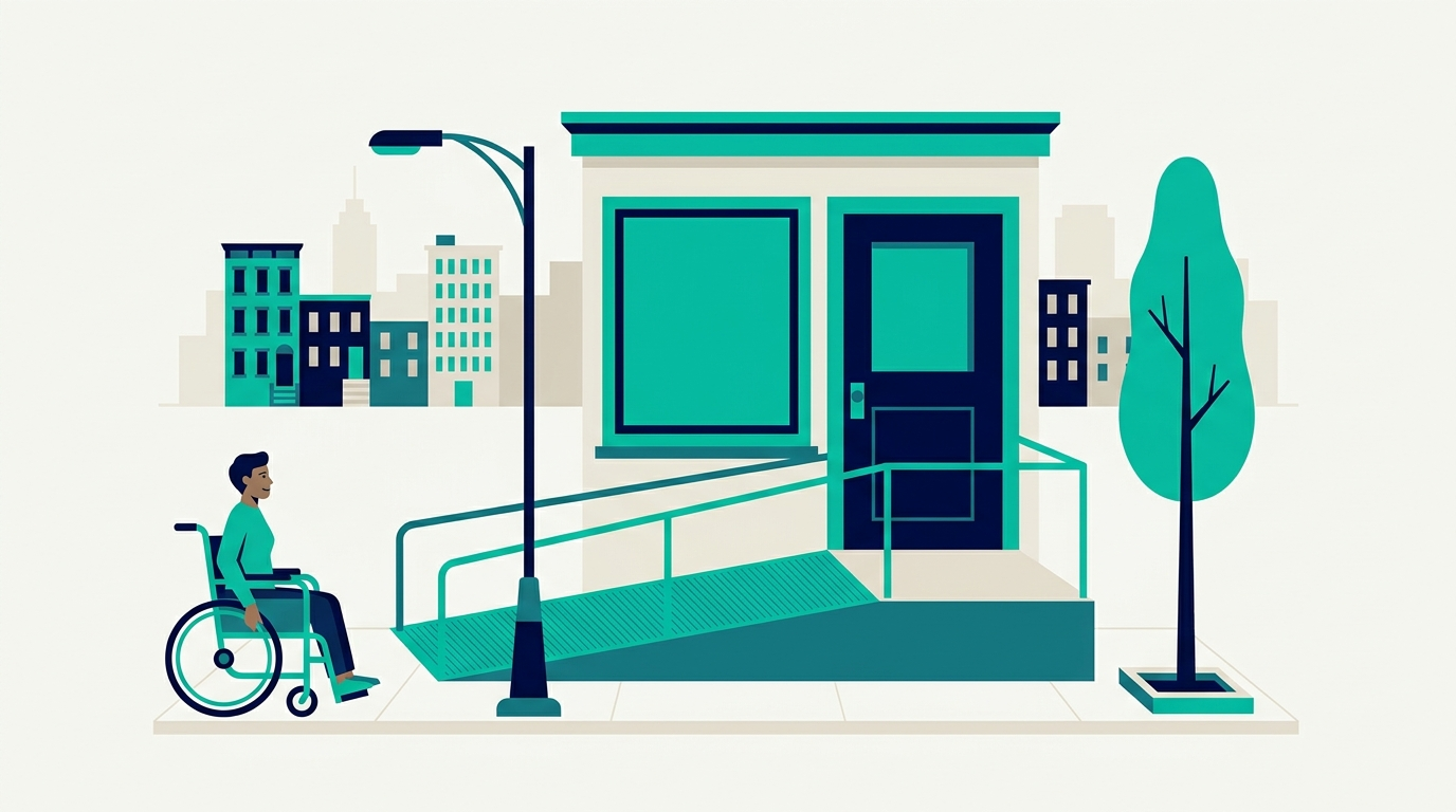 Ilustración de una tienda de Nueva York con una rampa de acceso junto a la entrada escalonada y una persona en silla de ruedas acercándose por la acera