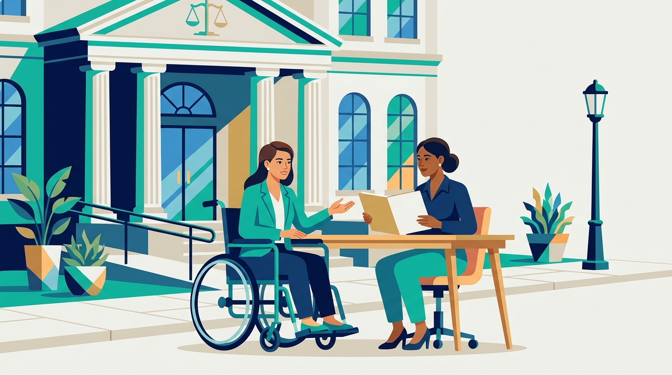 Ilustración de una mujer en silla de ruedas revisando su reclamación por discriminación con una asesora frente a un edificio civil de Nueva York