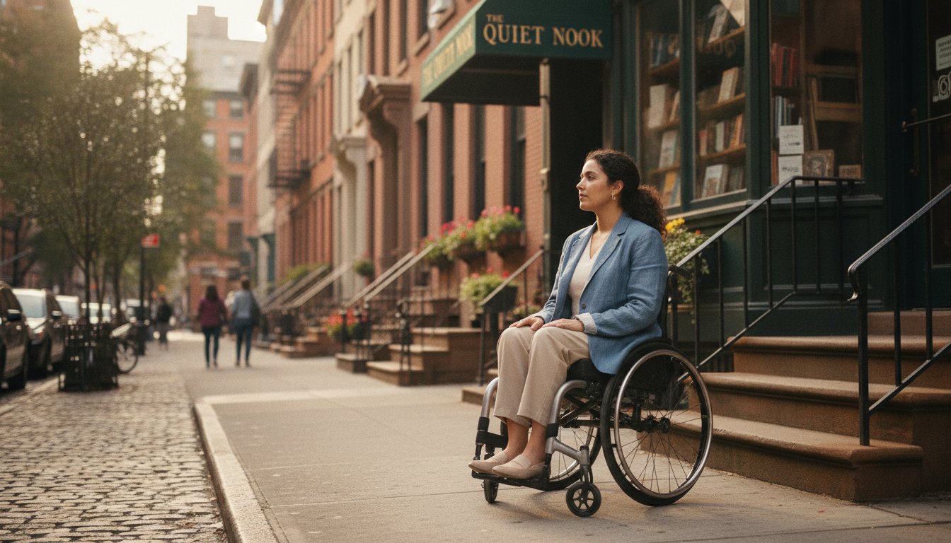 Persona con discapacidad enfrentando una barrera de acceso en un negocio de Nueva York