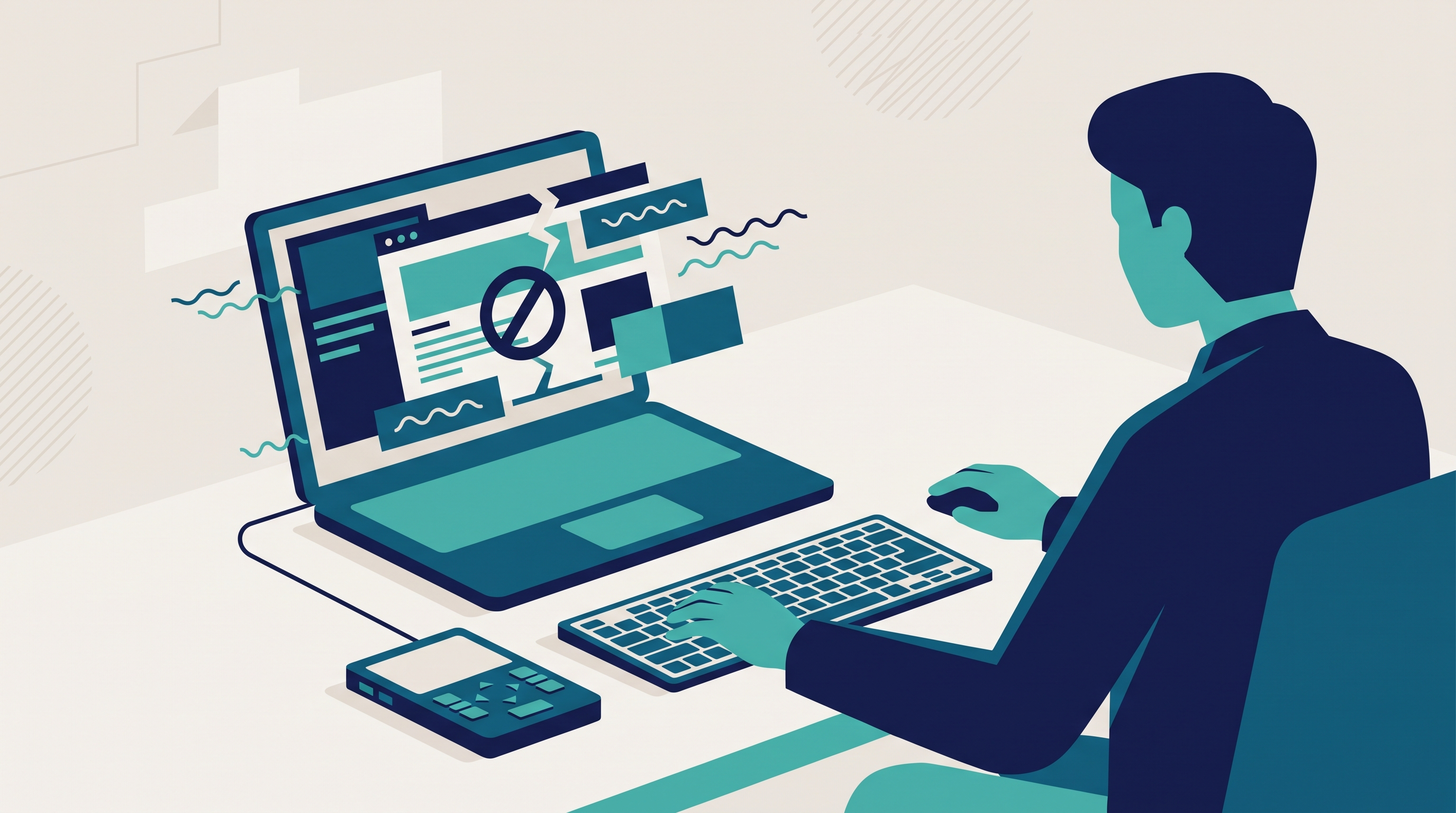 Illustration of a person using assistive technology to navigate a broken, inaccessible website