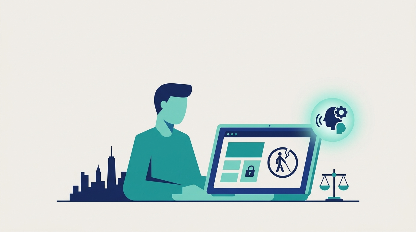 Illustration of a man using a laptop displaying broken website accessibility icons, a screen-reader symbol, and a scale of justice, set against the New York City skyline