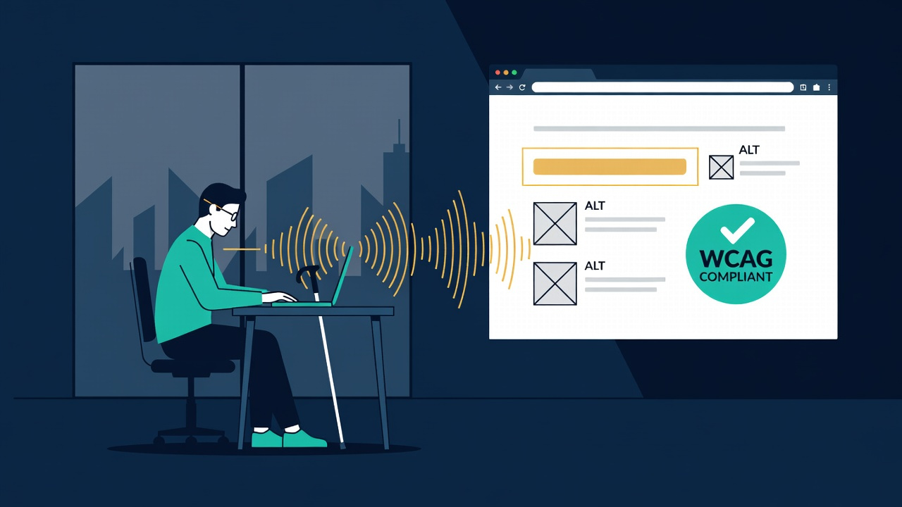 Flat illustration: a blind New Yorker using a screen reader on a laptop beside a browser window showing alt-text tags, a keyboard focus outline, and a WCAG-compliant checkmark badge