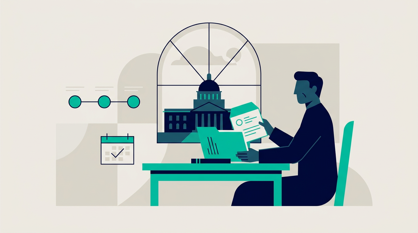 Flat vector illustration of a person reviewing an ADA complaint case file at a desk, with a courthouse and case timeline in the background
