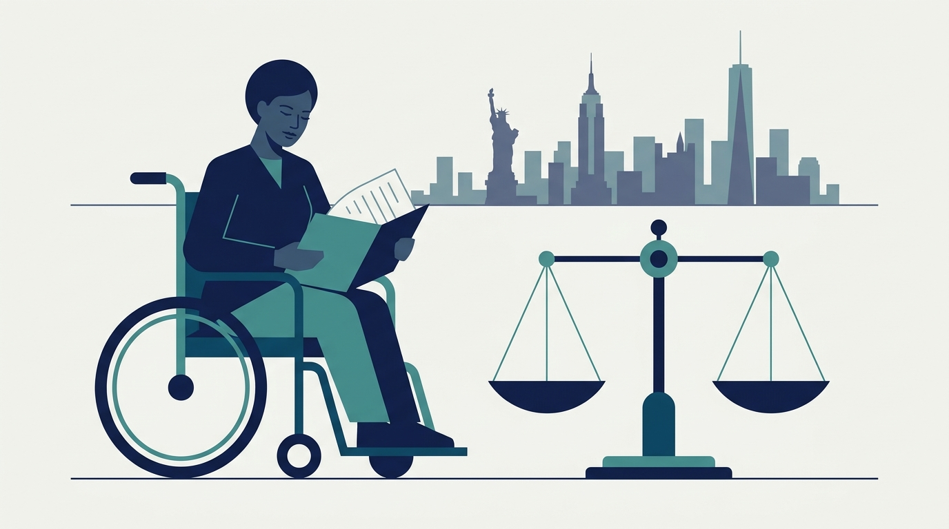 Illustration of a person using a wheelchair reviewing legal documents beside scales of justice with the New York City skyline in the background