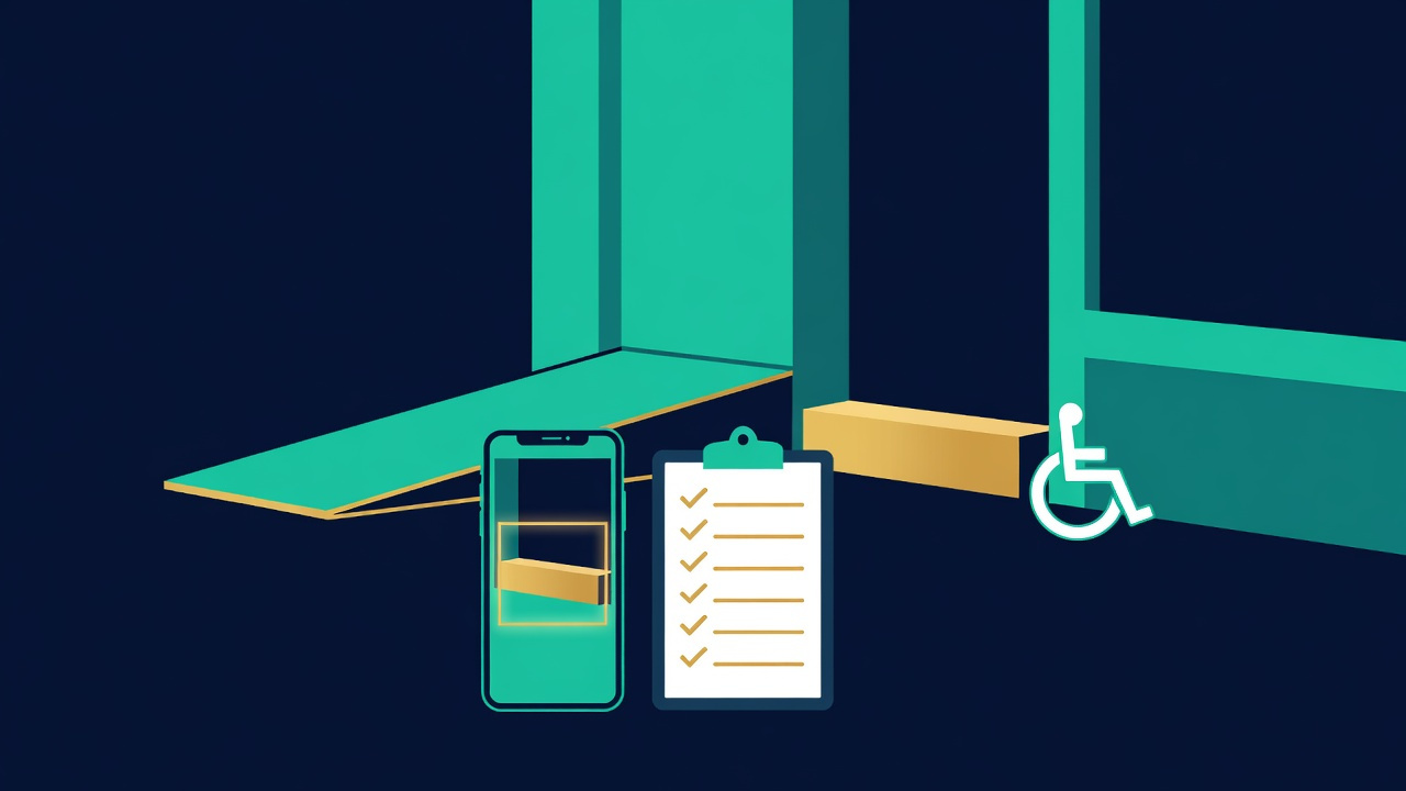 Flat illustration of a New York City storefront step barrier with a portable ramp, a smartphone photographing the step, and an evidence checklist, representing building a wheelchair-access discrimination case.