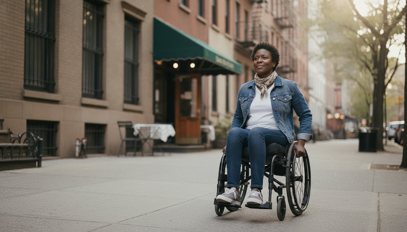 Documenting a wheelchair-access barrier at a New York City business entrance to build a discrimination case.