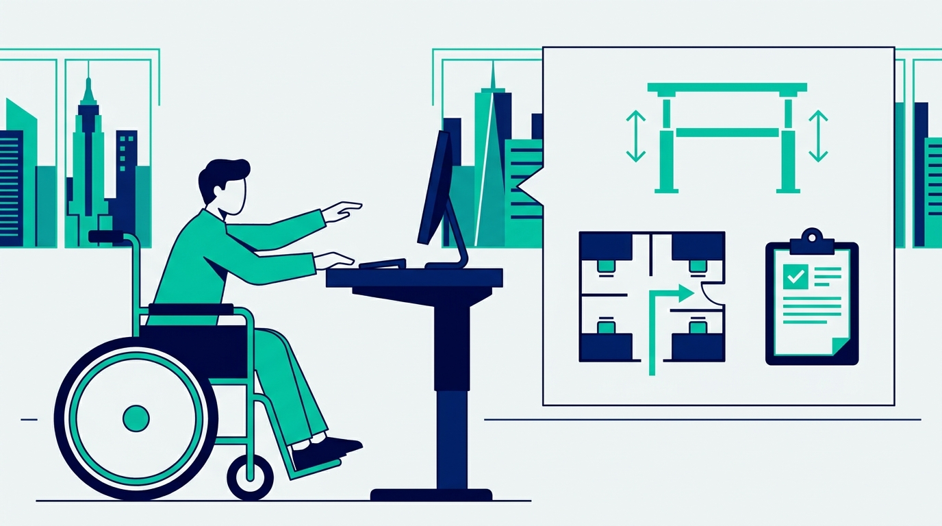 Flat illustration of a New York City office where an employee using a wheelchair cannot reach a fixed-height workstation, with a denied adjustable-desk accommodation request