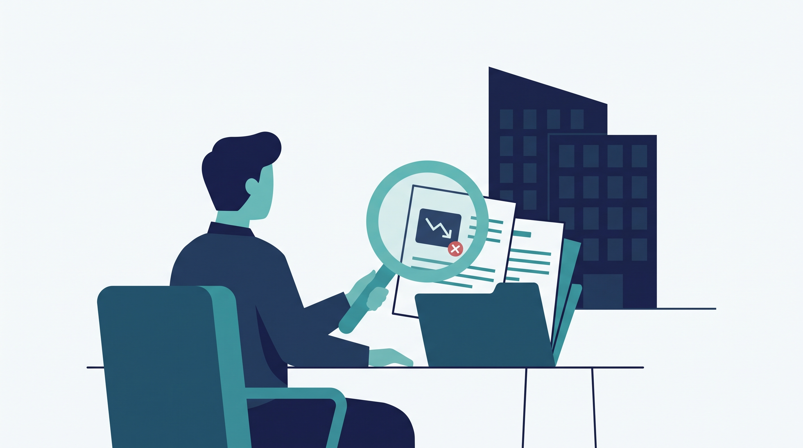 Illustration of a person reviewing documents with a magnifying glass at a desk, symbolizing uncovering pretext in a workplace disability discrimination claim