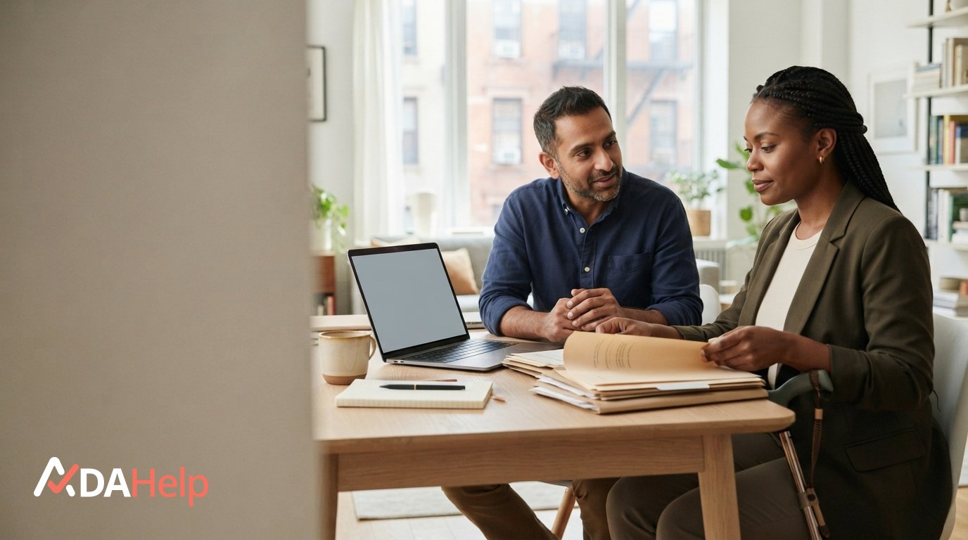 Employee reviewing termination paperwork with an advisor to evaluate a workplace disability discrimination claim